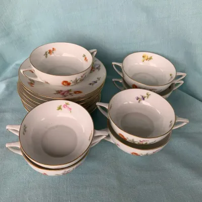 Vintage Bavaria Floral Double-Handled Soup Cups & Saucers with Gold Trim