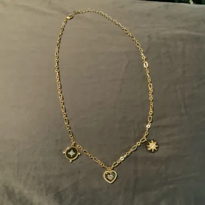 Gold-Tone Charm Necklace with Black Enamel Heart, Starburst & Rhinestone Accents