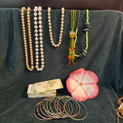 Colorful Costume Jewelry, Bangles & Floral Trinket Dishes