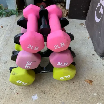 Amazon Basics 2 lb, 3 lb & 5 lb Neoprene Dumbbell Set with Storage Rack