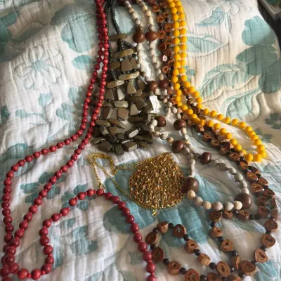 Assorted Beaded Costume Necklaces and Gold-Tone Mesh Pendant