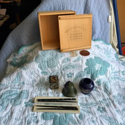 Asian Decorative Collectibles with Inlaid Chopsticks & Wooden Presentation Box