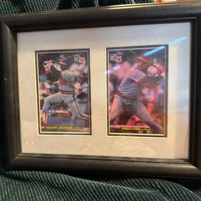 Framed Reggie Jackson & Fred Lynn Signed Cards with Edge Man Certificate