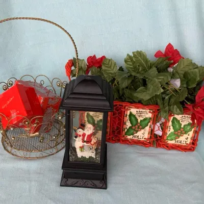 Christmas Holiday Décor Lot – Santa Glitter Lantern, Reindeer Basket, Ornaments & Holly Arrangement