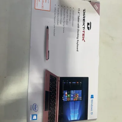 Sale Photo Thumbnail #153: Boxed Direkt-Tek 11.6-inch tablet with docking keyboard and stylus in rose gold, featuring Windows 10.