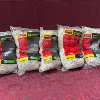 Sale Photo Thumbnail #10: Set of five Rubbermaid Commercial Products #16 cut-end cotton mop head refills, new in original packaging.
