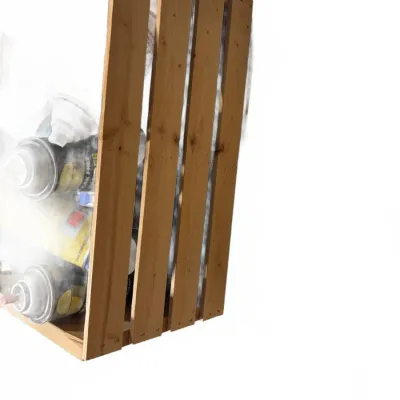 Sale Photo Thumbnail #112: Slatted wooden crate filled with assorted cleaning supplies and spray cans.