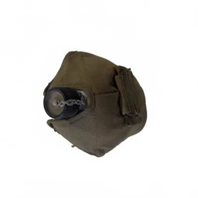 Sale Photo Thumbnail #303: Vintage olive drab military canteen in a fabric cover, featuring a chained screw cap.