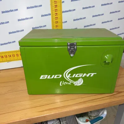 Sale Photo Thumbnail #204: Bright green Bud Light Lime branded metal cooler featuring a front latch closure and integrated bottle opener.