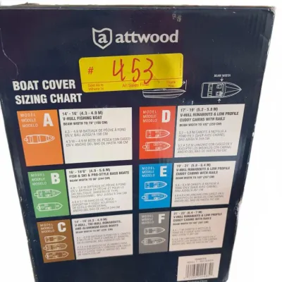 Sale Photo Thumbnail #227: Boxed Attwood boat cover featuring a sizing chart on the back panel, showing minor wear on the packaging.