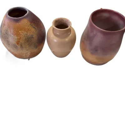 Sale Photo Thumbnail #272: Trio of handmade studio pottery vessels featuring unique glazes and earthy tones.