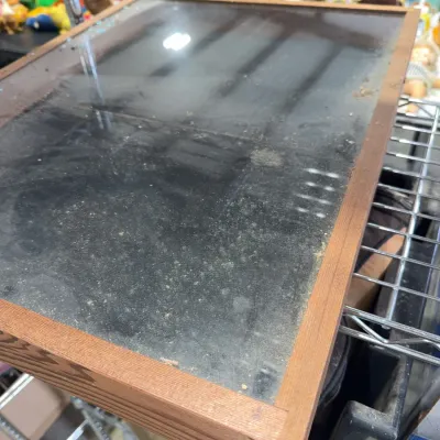 Sale Photo Thumbnail #213: Dusty wood-framed glass shadow box display case resting on a wire shelf unit.