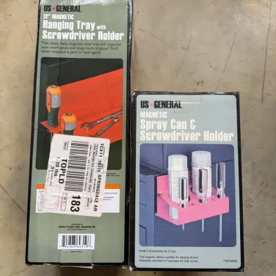 Sale Photo Thumbnail #244: Two boxed US General tool accessories, including a 12-inch magnetic hanging tray with screwdriver holder and a magnetic spray can and screwdriver holder.