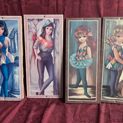 Sale Photo Thumbnail #26: Set of four vintage 1960s big-eye art prints, including two by Eden, framed in narrow faux-wood composite frames.