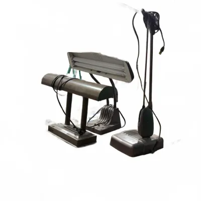 Sale Photo Thumbnail #113: Set of three modern black desk lamps, including piano and gooseneck task lighting styles with power cords.