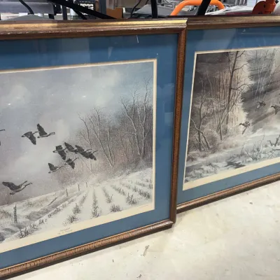 Sale Photo Thumbnail #120: Pair of framed wildlife prints by David A. Maass, depicting waterfowl in winter landscapes, set in blue matting with textured wooden frames.