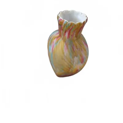 Sale Photo Thumbnail #257: Small vintage art glass vase featuring a multicolored swirl pattern and a ruffled rim.
