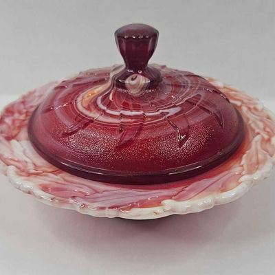 Sale Photo Thumbnail #16: Red & White Slag Glass Acanthus Dish