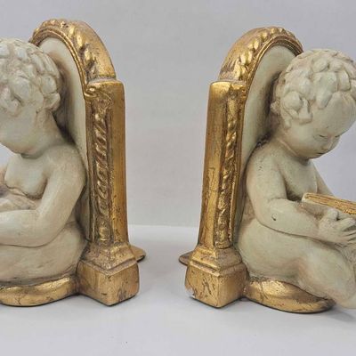 Sale Photo Thumbnail #20: Pair Neoclassical Gilt Putto Bookends