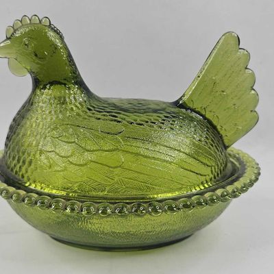 Sale Photo Thumbnail #8: Hen on Nest Green Glass Dish