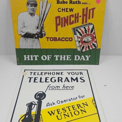 Sale Photo Thumbnail #491: Pair Adv. Signs: Babe Ruth & W. Union