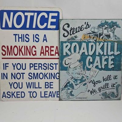 Sale Photo Thumbnail #492: Pair Steve Roadkill Cafe Metal Signs
