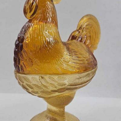 Sale Photo Thumbnail #77: Amber Iridescent Glass Rooster Dish