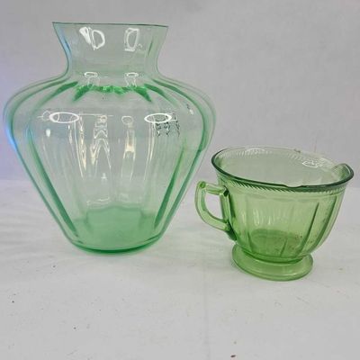 Sale Photo Thumbnail #218: 2 Green Uranium Glass Vase & Creamer