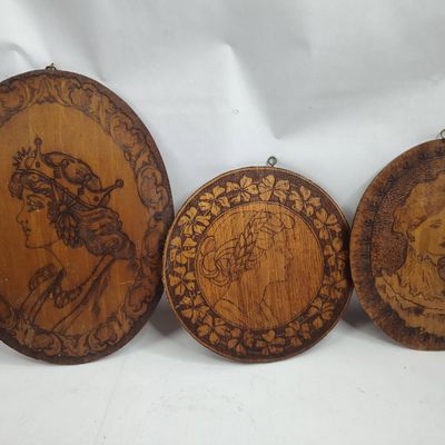 Sale Photo Thumbnail #364: 3 Art Nouveau Pyrography Wood Plaques