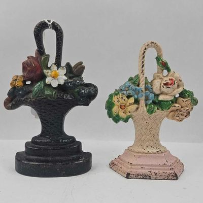 Sale Photo Thumbnail #83: Pair Cast Iron Flower Basket Doorstops