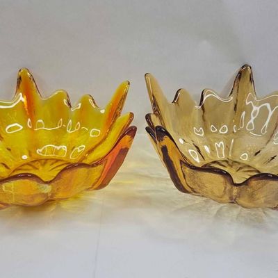 Sale Photo Thumbnail #140: Pair MCM Amber Glass Lotus Bowls