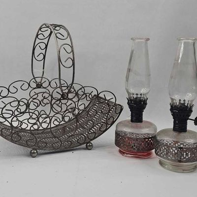 Sale Photo Thumbnail #13: Pair Metal Oil Lamps & Wire Basket
