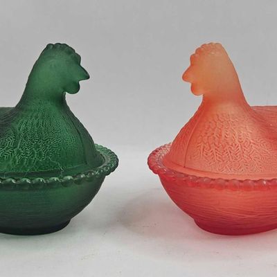 Sale Photo Thumbnail #204: Pair Frosted Glass Hen on Nest Dishes