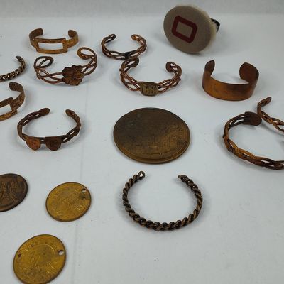 Sale Photo Thumbnail #270: Copper Cuff Bracelets & Brass Meds