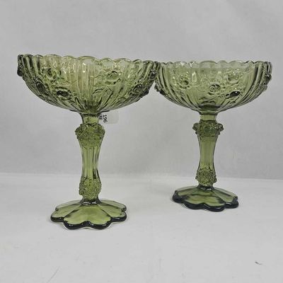 Sale Photo Thumbnail #201: Pair Olive Green Glass Rose Compotes