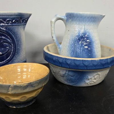 Sale Photo Thumbnail #162: Blue & White Stoneware Pitcher & Bowl Lot