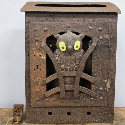 Sale Photo Thumbnail #128: Goberg German Arts & Crafts Iron Owl Letter Box