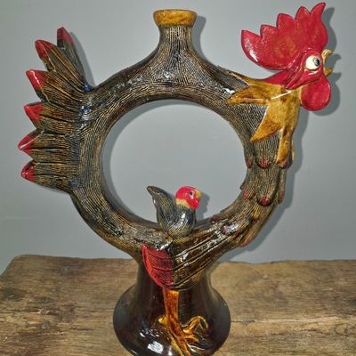 Sale Photo Thumbnail #213: Steve Turpin Folk Pottery Rooster Ring Jug