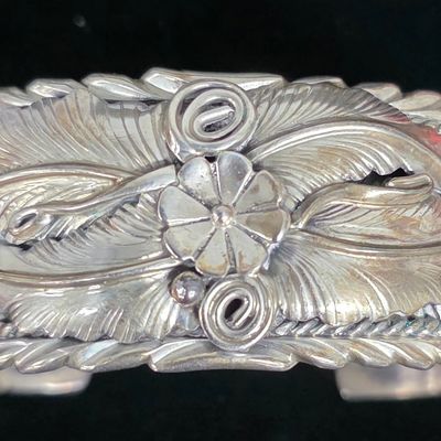 Sale Photo Thumbnail #29: Stunning Navajo Silver Floral & Feather Bracelet