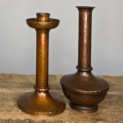 Sale Photo Thumbnail #95: Roycroft Hammered Copper Vase And Candle Holder