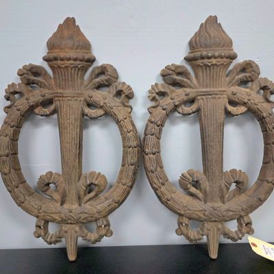 Sale Photo Thumbnail #146: Pair of 1930s Wreath & Torch Cast Iron Lot of 2