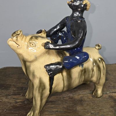 Sale Photo Thumbnail #218: Early Billy Ray Hussey Black Man Ridding A Pig