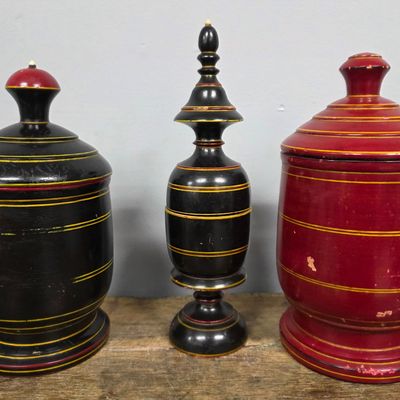 Sale Photo Thumbnail #206: 3 Wooden Lacquered Spice-Grain Jars