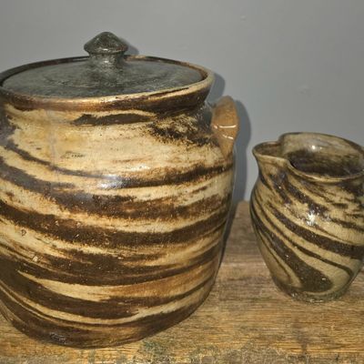 Sale Photo Thumbnail #249: Signed Hilton Pottery NC Swirl Pitcher & Bean Pot