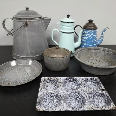 Sale Photo Thumbnail #157: Enmal Ware Coffee Pot and Kitchen Pan Lot x6