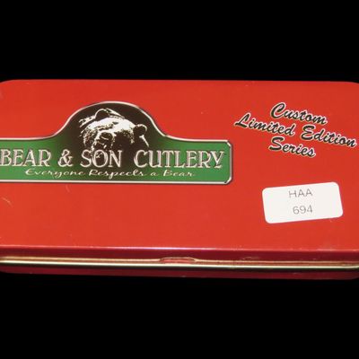 Sale Photo Thumbnail #692: Custom Limited Edition Veterans Day / Pearl Harbor Pocket Knife, Bear & Sons Cutlery, New in Box / Tin, #30 Stamped on Bolster, Made in USA