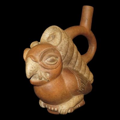 8" Pre-Columbian-Style Moche Bird Effigy Stirrup Bottle, Peru