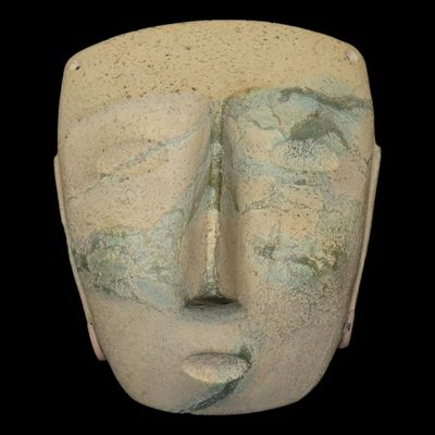 7 7/8" Pre-Columbian Chontal Human Effigy Mask, Motley COA, Guerrero, Mexico, with Custom-Made Museum Display Stand