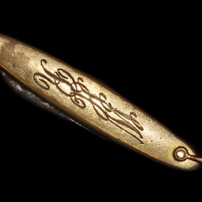 Sale Photo Thumbnail #612: Vintage Hayword Pocket Watch Fob Knife, Gold Plated, with Custom-Engraved Initials "WHR"