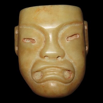 4 1/8" Pre-Columbian Olmec Human Effigy Mask, Motley COA, Alabaster, Guatemala